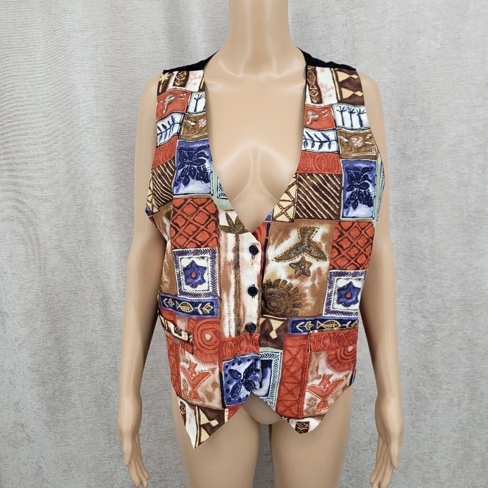 111 Main Vintage Tropical Patchwork Pattern Vest